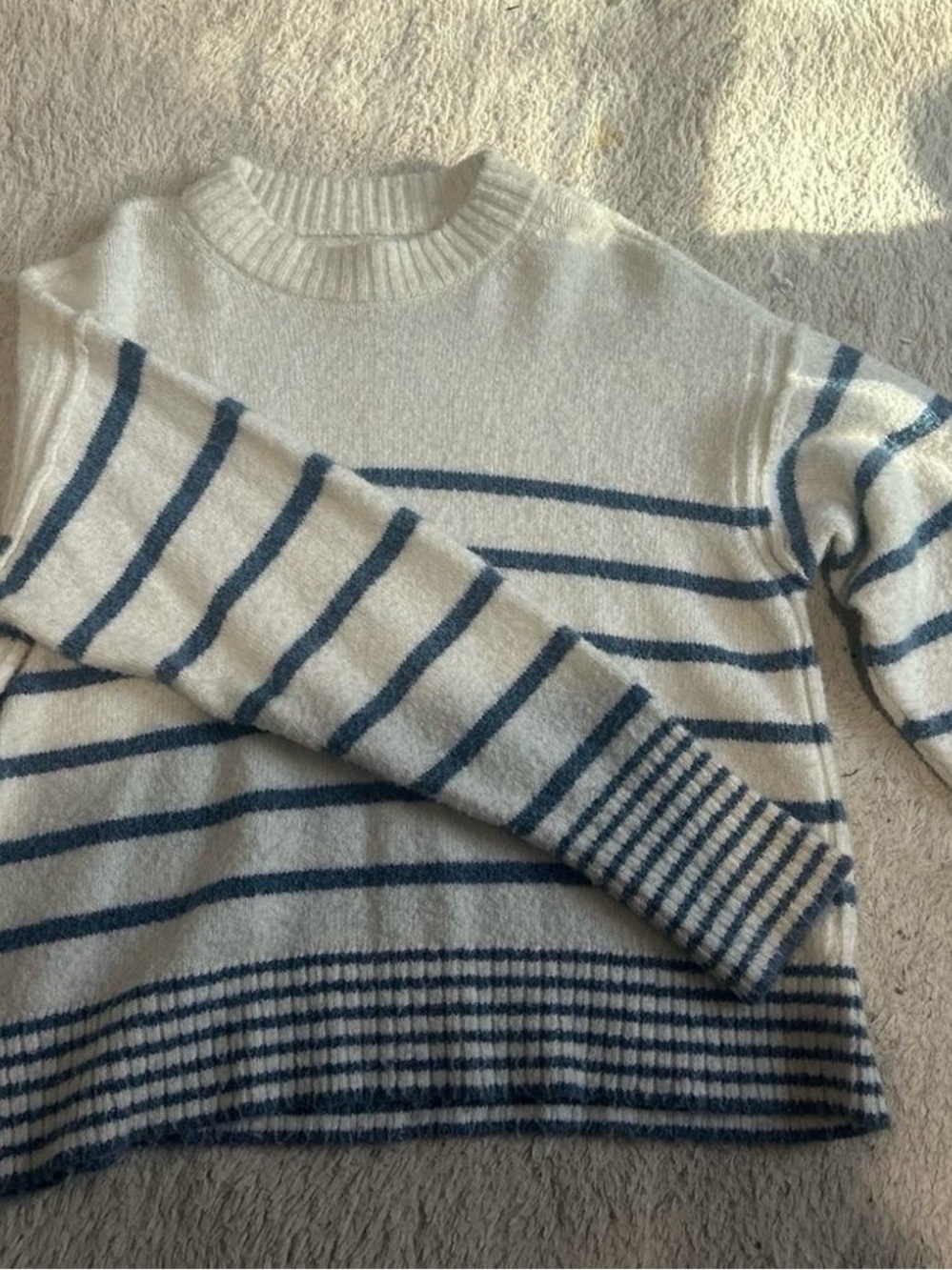 American Eagle Outfitters Cream Crewneck Sweater with Blue Stripes